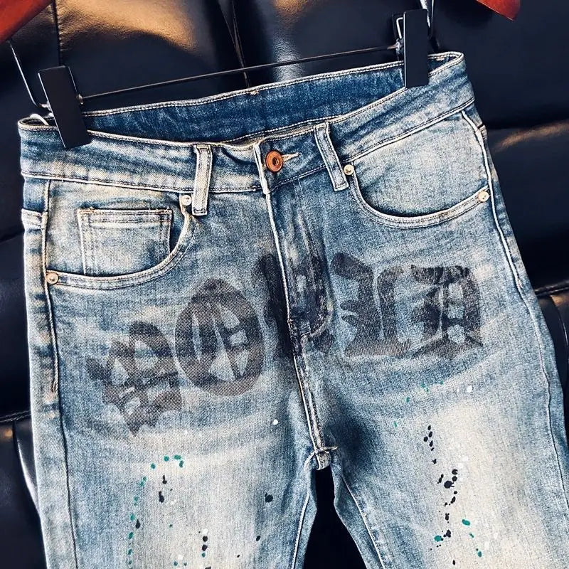 High-quality Blue Jeans Men's 2025 Spring and Summer European Wear Cargo Brand Letter Printing Ink Splashing Straight-leg Pants