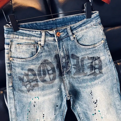 High-quality Blue Jeans Men's 2025 Spring and Summer European Wear Cargo Brand Letter Printing Ink Splashing Straight-leg Pants