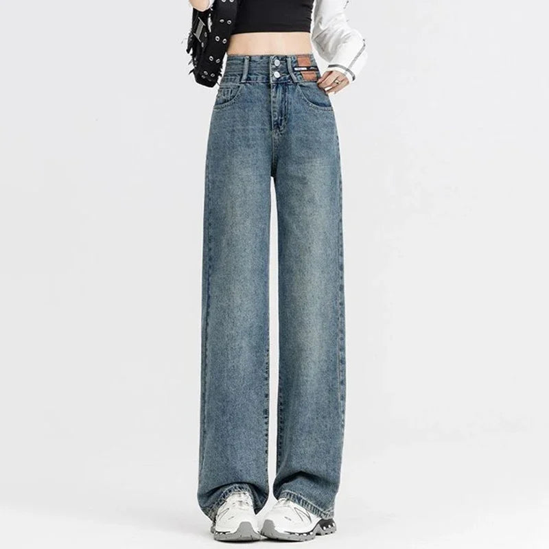 New Woman Korean Double Buckle Design Jeans Female Winter Snow Warm Thermal Plush Pants Girls Popular High Waist Denim Trousers