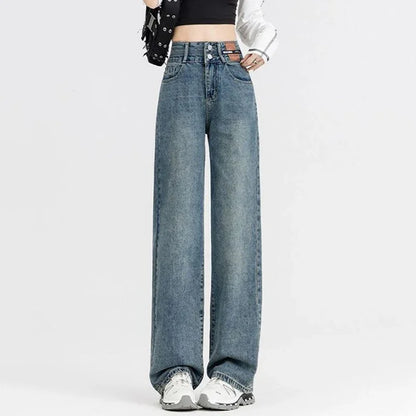 New Woman Korean Double Buckle Design Jeans Female Winter Snow Warm Thermal Plush Pants Girls Popular High Waist Denim Trousers