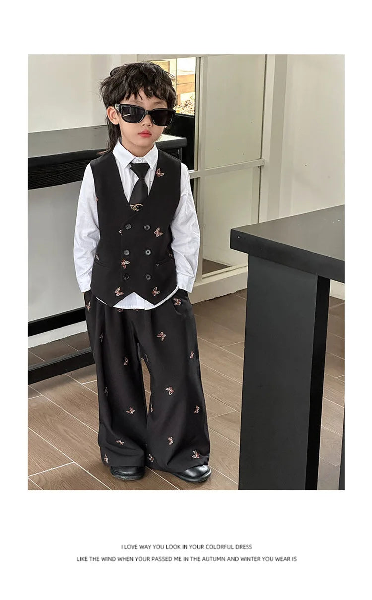 Boys Loose Blazer Jacket Waistcoat Pants Clothes Sets Kids Formal Dress  Suits Casual Child Toddler Party Butterfly Leisure Suit