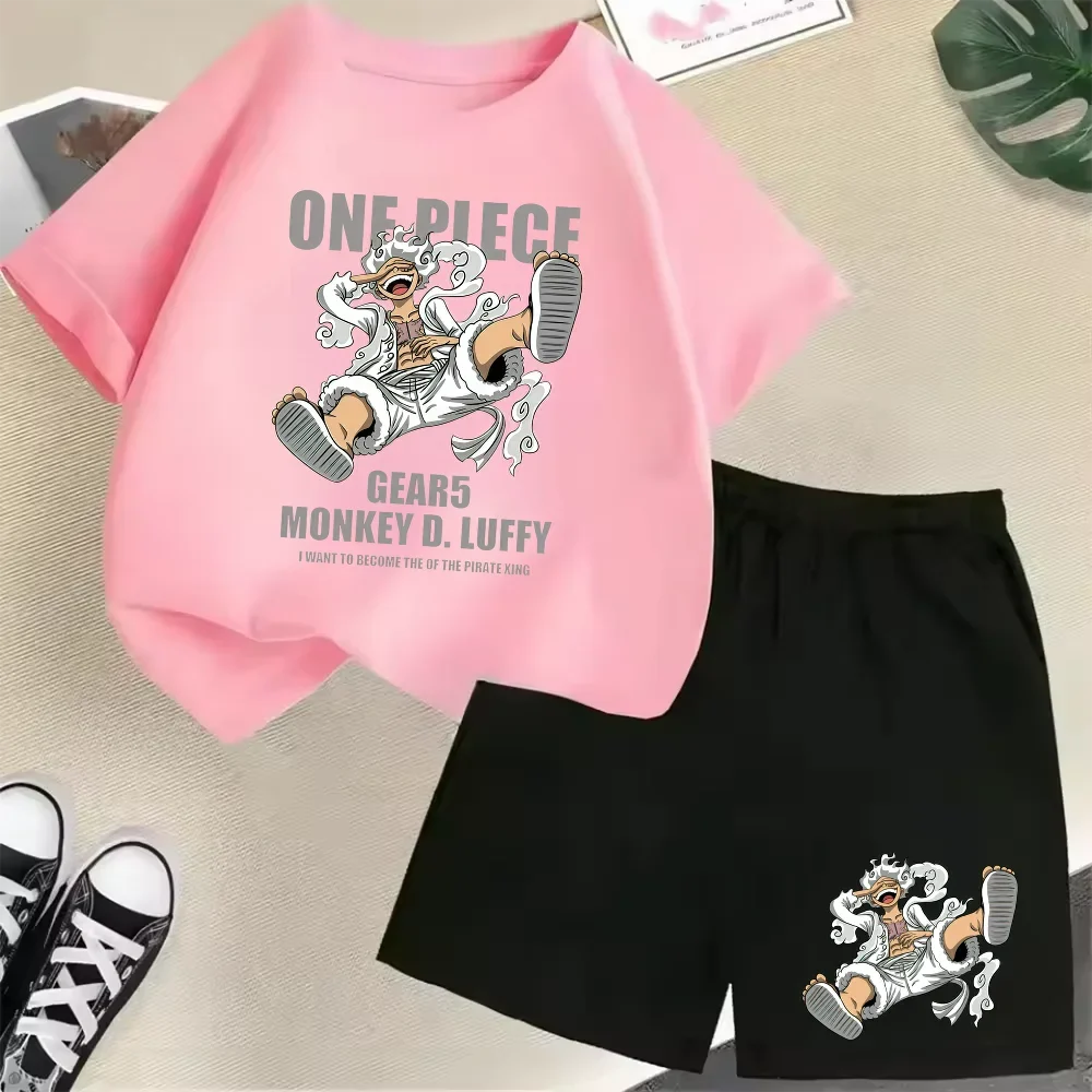 Summer New Cotton Kids T-Shirt Set Luffy Gear 5 One Piece Children Shorts Sport Casual School Outdoor Boys Tracksuit