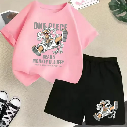 Summer New Cotton Kids T-Shirt Set Luffy Gear 5 One Piece Children Shorts Sport Casual School Outdoor Boys Tracksuit