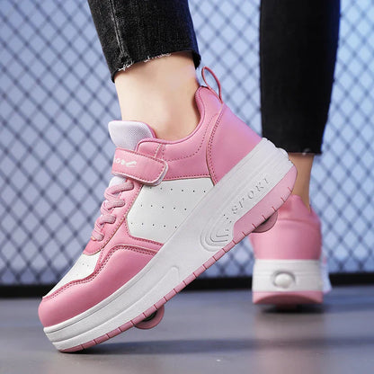 Ultra-Light Leathe Two Wheels Children's Sport Roller Skate Shoes for Kids Boys Girls Walking Running Sneakers Outdoor for Women