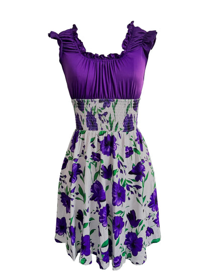 Summer new V-neck slim fit elastic waist women's dress with floral patchwork design, suitable for beach vacations