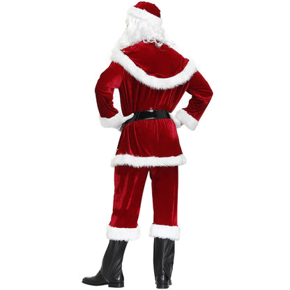 2024 New Man Santa Claus Suit Adult Christmas Cosplay Costume Red Deluxe Velvet Fancy 8pcs Set Xmas Party Family Costume Outfits