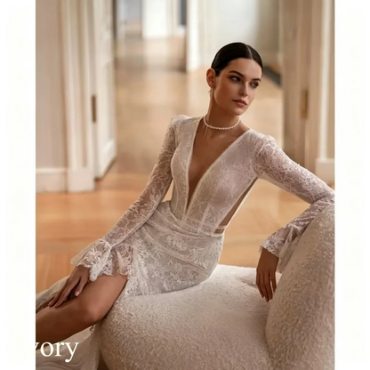 Boho Lace Appliques Mermaid Wedding Dress Simple Long Sleeves Sexy Deep V-Neck Cut-out Bridal Gown High Slit Vestidos Customized