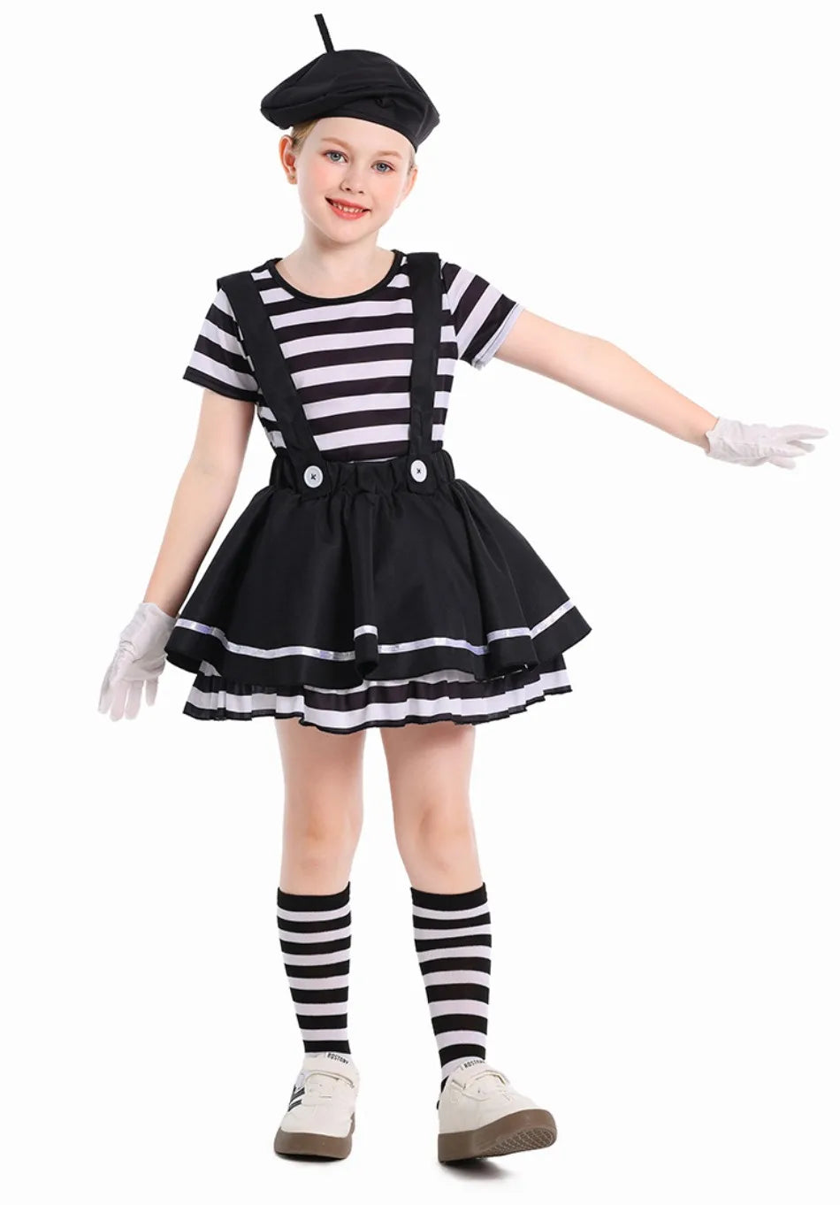 Mime Costume Clown Cosplay Clothing Girls Stage Performance Skirt T-shirt Hat Gloves Halloween Carnival Party Suit ﻿