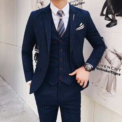 (Blazer+Vest+Pants) 2024 New Striped  Wedding Suits  for Men Three Piece Business Casual Party Multi-Occasion Slim Dress