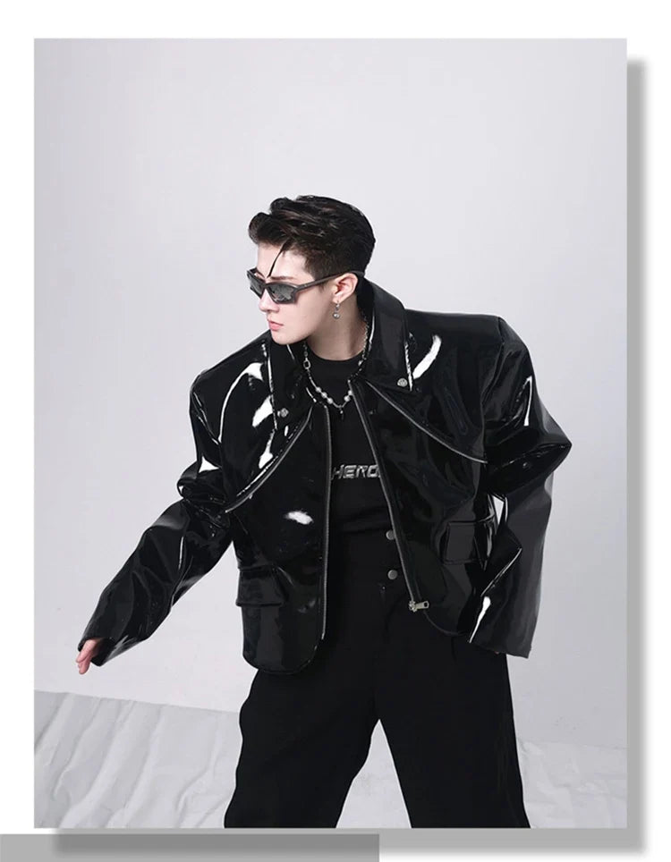Spring Autumn Cool Loose Short Black Shiny Reflective Patent Faux Leather Jacket Men Zipper Luxury Designer Clothes