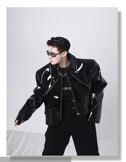 Spring Autumn Cool Loose Short Black Shiny Reflective Patent Faux Leather Jacket Men Zipper Luxury Designer Clothes