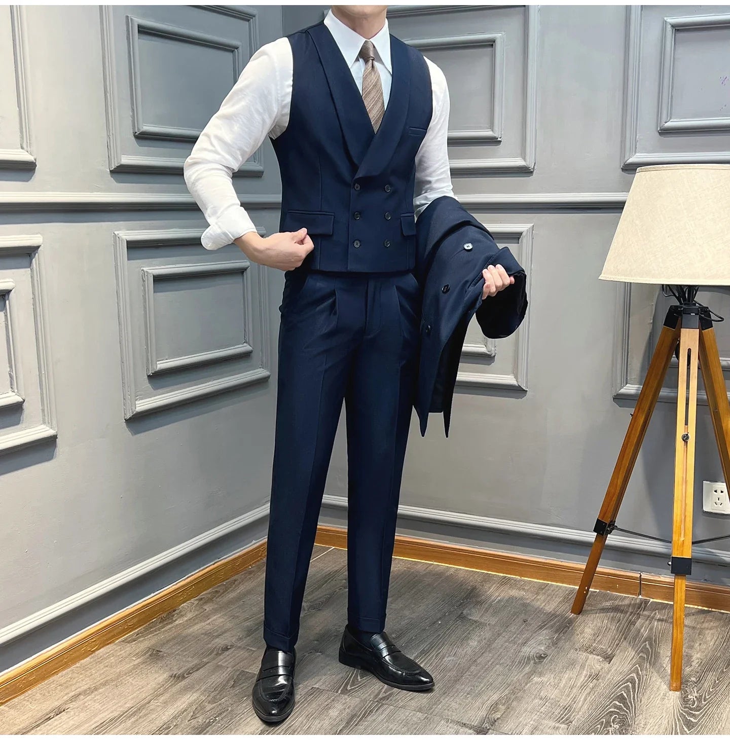( Vest + Pants) High-end Brand Solid Color Suit Vest 2 pieces Men Luxury Double Breasted Design Fashion Vest Set Club Clothing