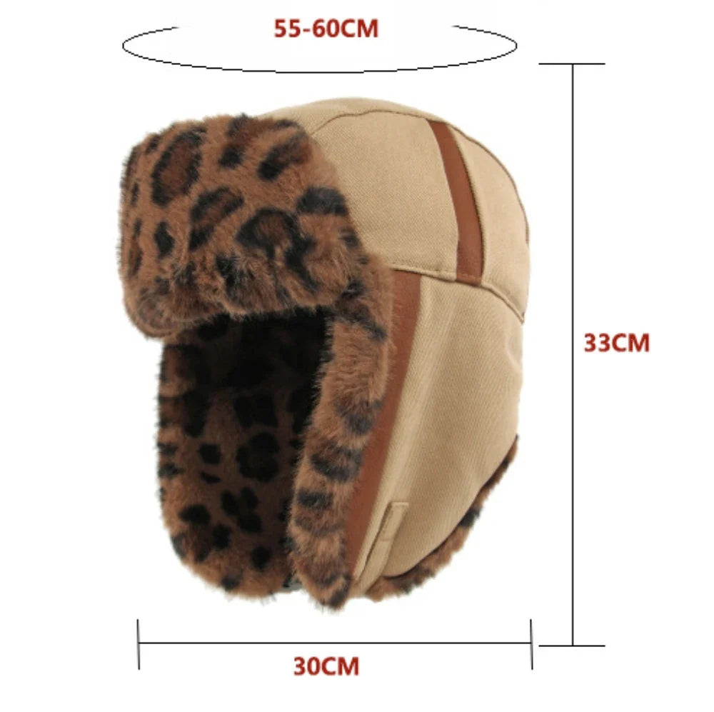 Bomber Hat Men Women Thick Warm Winter Hat Leopard Fur Earflap Cap Male Female Russian Hat Windproof Snow Ski Trapper Cap
