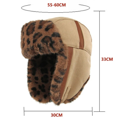 Bomber Hat Men Women Thick Warm Winter Hat Leopard Fur Earflap Cap Male Female Russian Hat Windproof Snow Ski Trapper Cap
