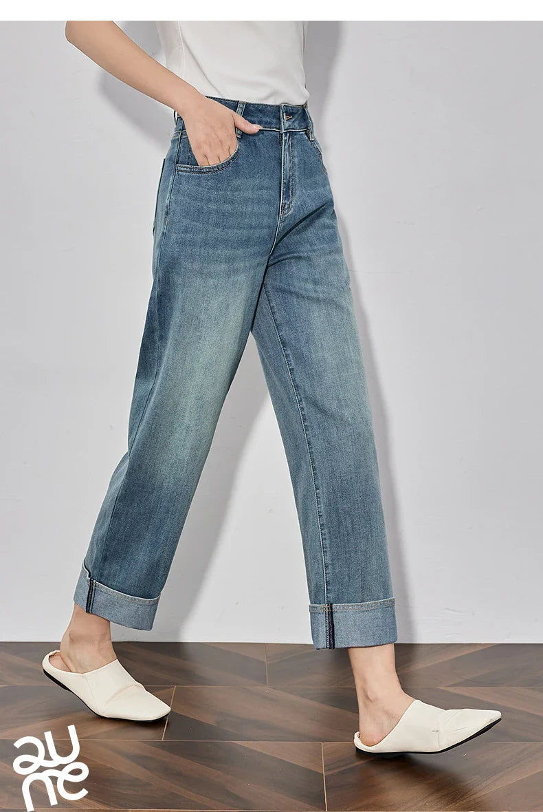 Women Denim Jeans 2025 Spring New Straight Wide Leg Rolling Up Ankle Length Cropped Pants