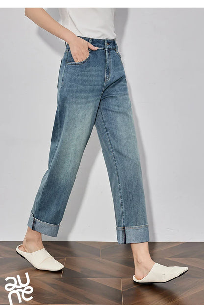 Women Denim Jeans 2025 Spring New Straight Wide Leg Rolling Up Ankle Length Cropped Pants