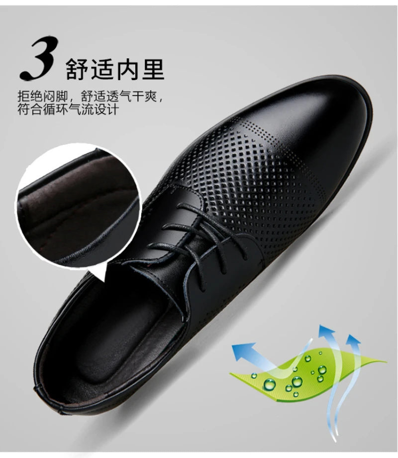 Mens Black Genuine Leather Perforated Cap Toe Lace Up Formal Business Oxford Shoes Breathable Summer Office Casual Dress Shoes
