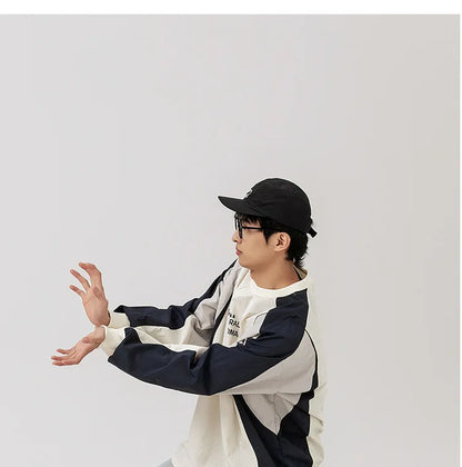 Japanese-inspired Color-blocked Crew Neck Sweatshirt with Patchwork Design: Men's Spring/Autumn Outdoor Leisure