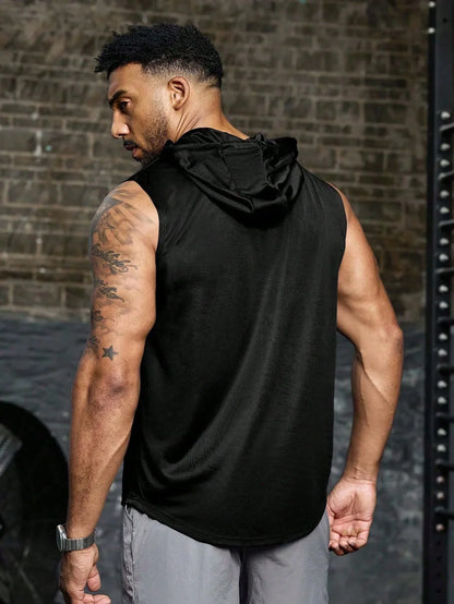 Men's Spring Summer Sleeveless Hoodie Tank, Black Red Bull Print Quick Dry Breathable Workout Vest, Gym Streetwear