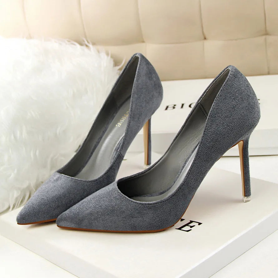 Women 9cm High Heels Yellow Burgundy Pumps Plus Size Stripper Suede Escarpins Lady Wedding Bridal Scarpins Green Blue Prom Shoes