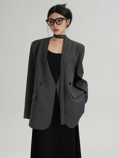 Fashion Collarless Blazers Jacket Ladies Korean Streetwear Design Belt Temperament Blazer Woman Chic Long Sleeve Loose Suit Coat