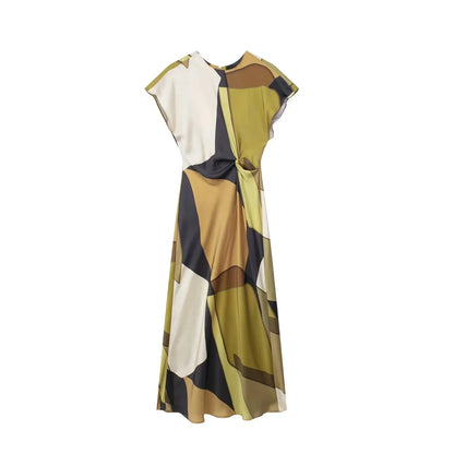2024 Summer Women Dress Fashion Vintage Print O-Neck Midi Dress Waist Cinched Casual Chic Woman Elegant Dresses