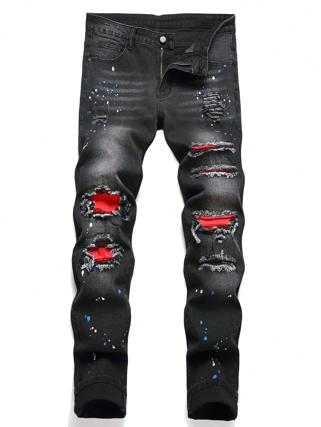 Men y2k Stretchy Skinny Denim Jeans For Men Casual pants Ripped Patchwork Hole Slim Fit Denim Hip Hop Black Straight Trousers