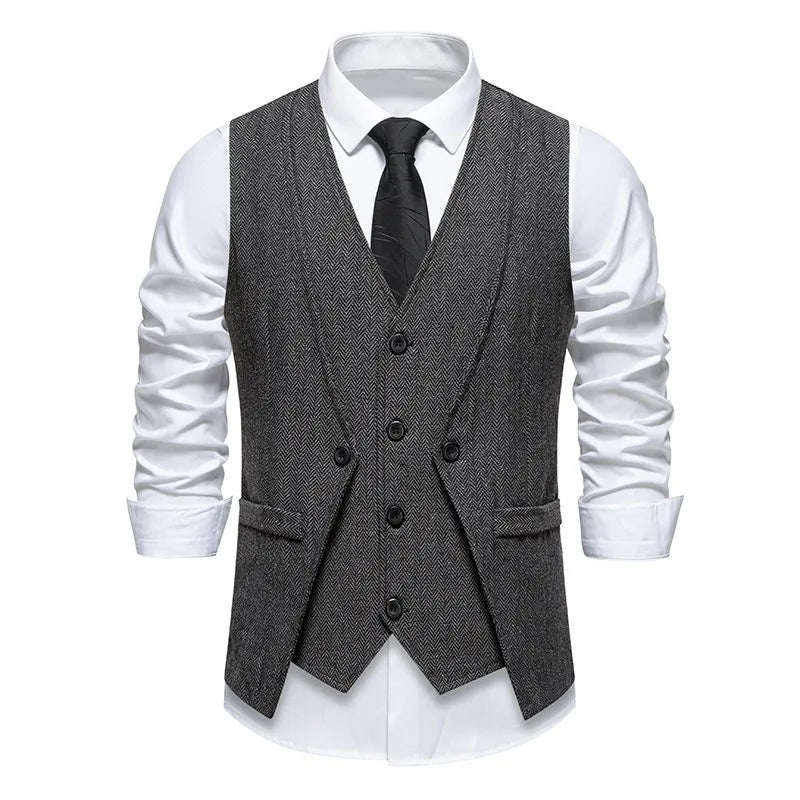 Waistcoat Man British Style Turn Down Collar Men Vest Slim Solid Double-breasted Sleeveless Versatile Male Suit Vest
