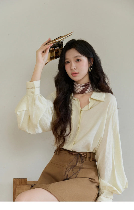 Women's Lapel Lantern Sleeve Shirts 2026 Spring Lace Trim Casual Loose Breathable Solid Shirt Office Lady MXF13C2436