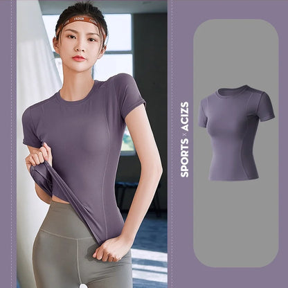 Women's Sports Fitness Clothing Slim Running Sweat Absorbing Skinny Yoga Clothes Quick Drying Clothes Short Sleeved T-shirt