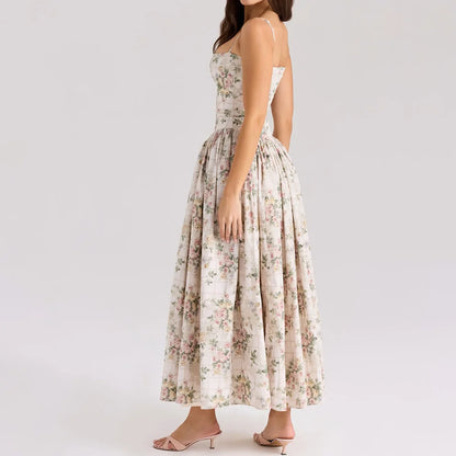 Summer Print Strappy Long Dress A-line Casual Beach Vacation Dress for Women