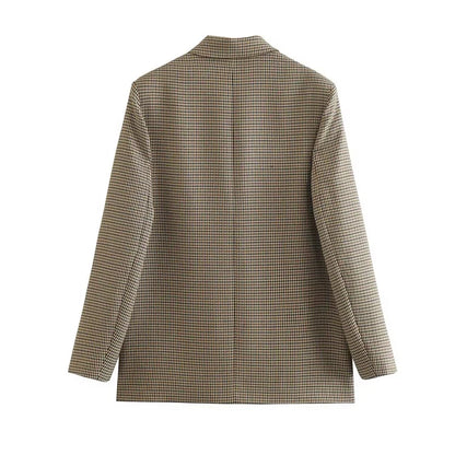 2025 New Women Fashion Double Breasted Plaid Blazer Coat Vintage Long Sleeve Flap Pockets Female Outerwear Chic Vestes Femme