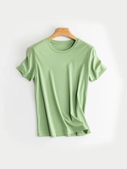 Women Solid T shirts, Silk Cotton Blend, O Neck, Short Sleeved Solid Tee,2025 Summer Candy Colors Basic Cozy Top Green