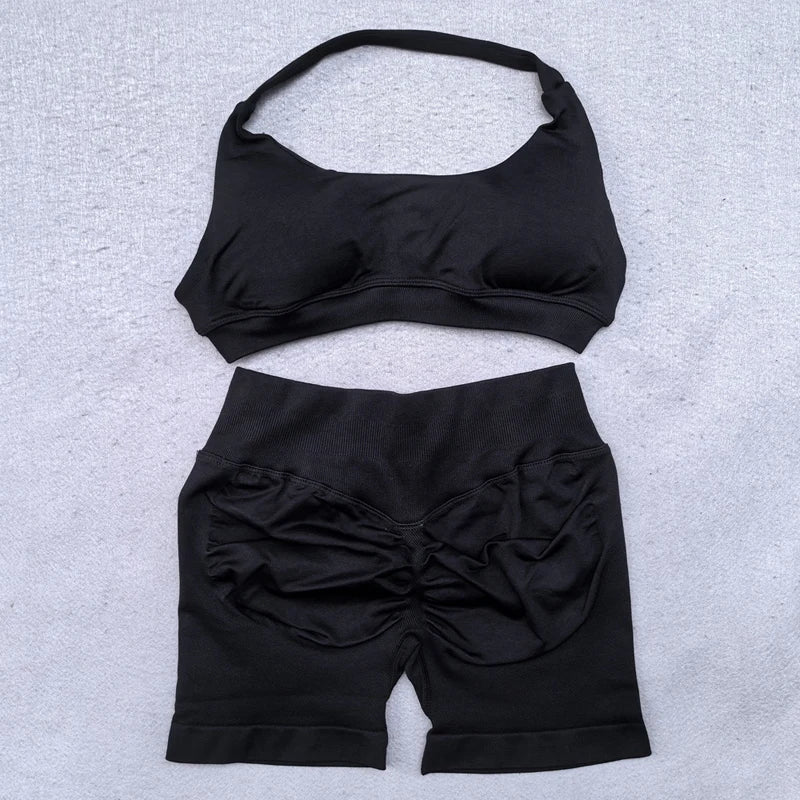 Shorts Set 2 Pieces Seamless Yoga Set Workout Tracksuit Women Halter Sport Bra And Low Waist Scrunch Bum Gym Shorts Suits