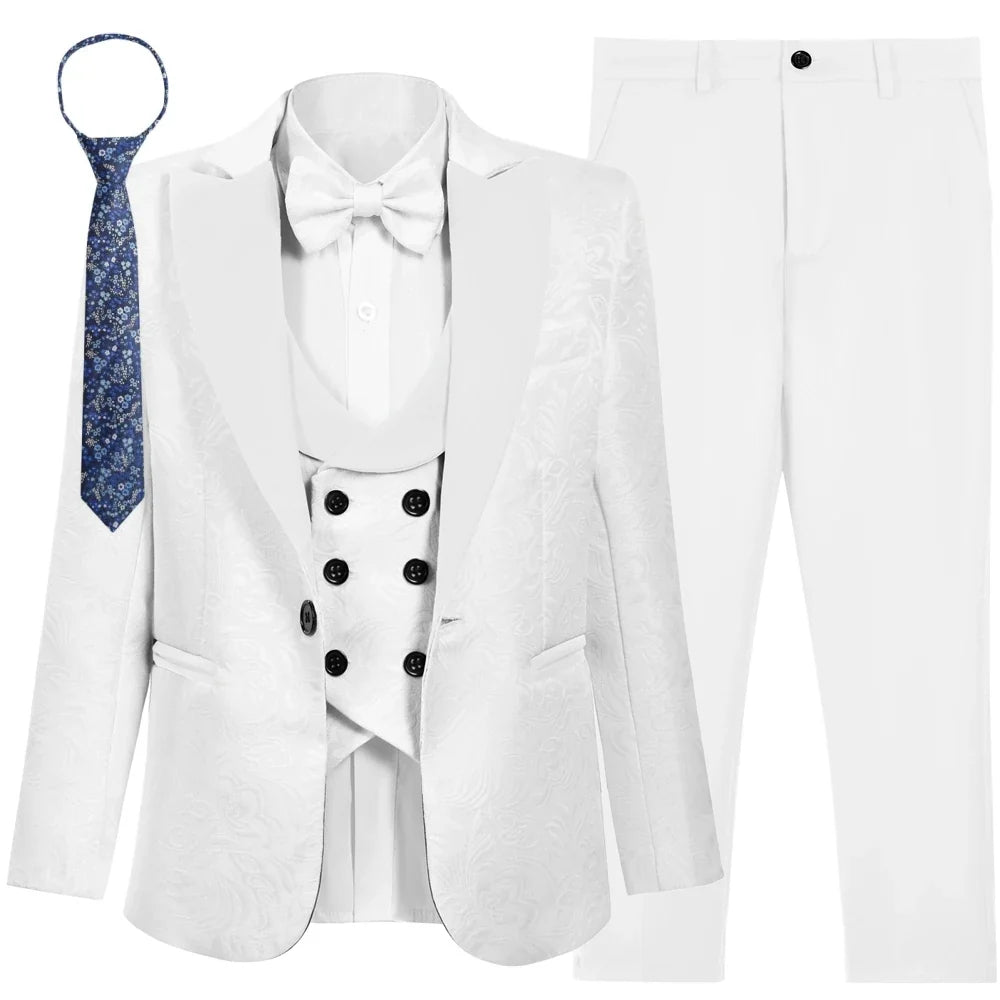 SHIP TODAY Boy's Jacquard Suit for Formal Occasion, Wedding Ring Bearer Suits, Luxury 5-Piece Set Jacket Vest Pants Bowtie & Tie