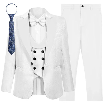 SHIP TODAY Boy's Jacquard Suit for Formal Occasion, Wedding Ring Bearer Suits, Luxury 5-Piece Set Jacket Vest Pants Bowtie & Tie
