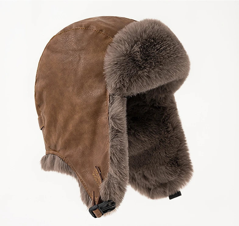Men Winter Bomber Hat Outdoor Motorcycle Windproof Thicken Warm Faux Fur Pilot Earflap Hat Leather Thermal Ushanka