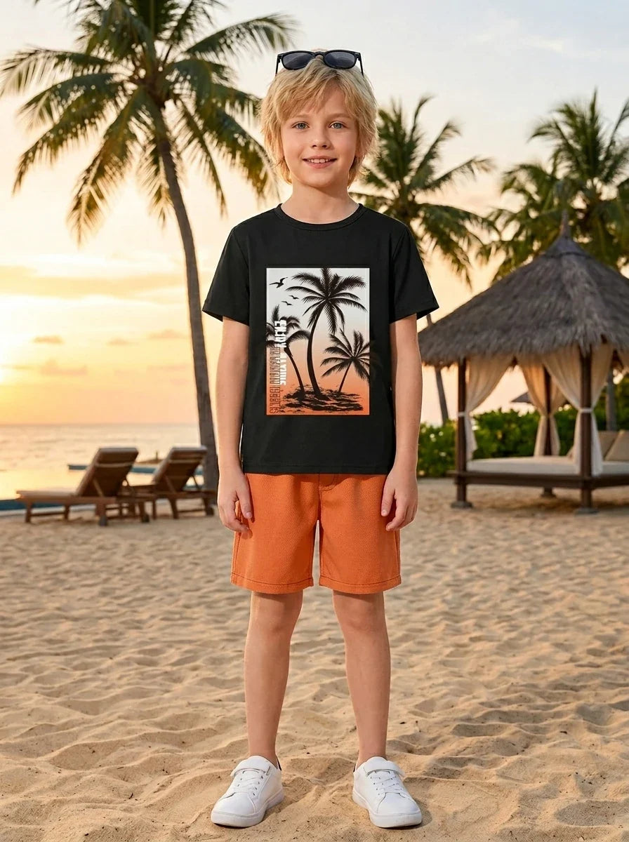 Summer Big Kids 2pcs Set Hawaii Beach Coconut Tree Letter Print Knitted Loose Short Sleeve with Workwear Shorts Ensemble