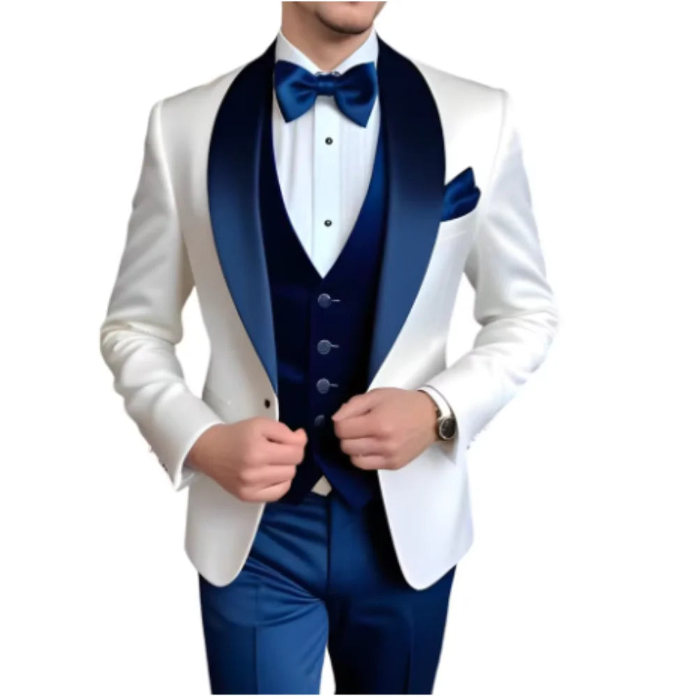 Customized Men's 3 Piece Tuxedo With Scarf Lapel Smoking Suit Wedding Groomsmen Formal Party Blazer Terno Masculino