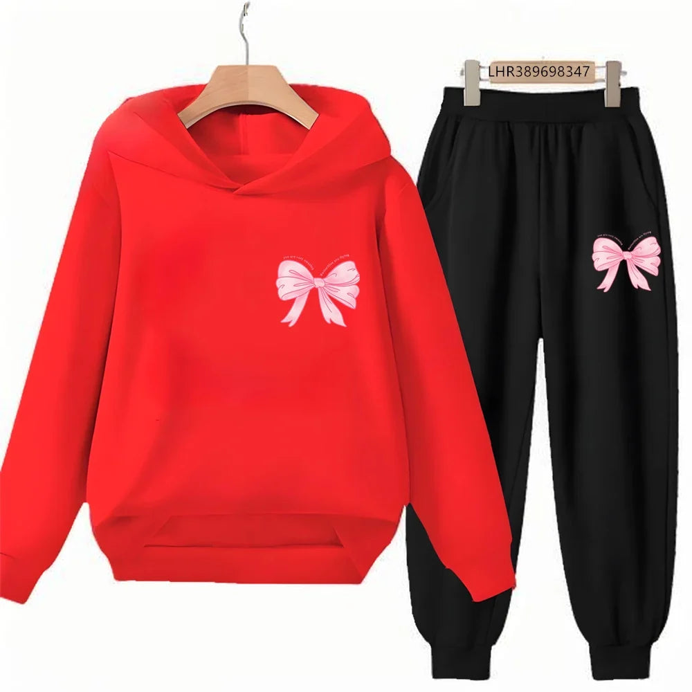 Fashion Kids Clothes Bow Print Children Hoodie 3-12 Years Boys Girls Red Pink Casual Tops+Pants Sets Long Sleeves Autumn