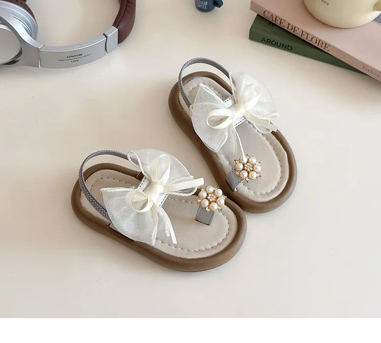 Summer Girl's Sandals Clip-toe Bowknot Elastic Band Soft Sole Kids Sliders Beautiful Pu Leather Chunky Morden Children Shoes
