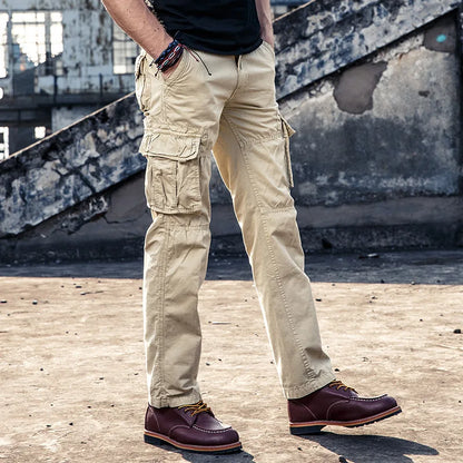 Casual Pants Men Straight Leg Cotton Cargo Trouser Male Multi Pocket Work Fishing Wear Military Style Summer Spring Khaki Black