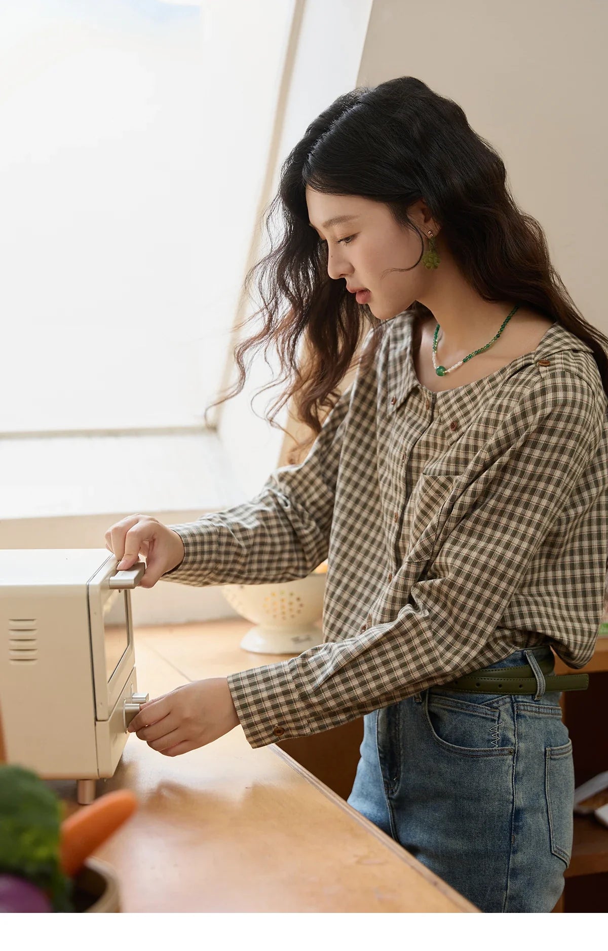 Women's Casual Shirts Cotton Autumn Side Slit Pockets Plaid Shirts Commute  Elegant Chic Woman Top with Belt MXE44X2469