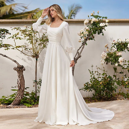 Simple Wedding Dresses Customized Puff Sleeves Square Neck A Line Sweep Train Vestido De Noiva A Line Bridal Gown for Bride