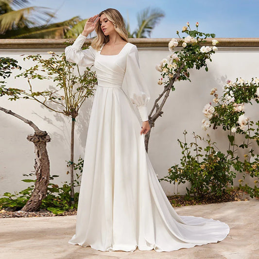 Simple Wedding Dresses Customized Puff Sleeves Square Neck A Line Sweep Train Vestido De Noiva A Line Bridal Gown for Bride