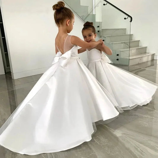 Simple White Flower Girl Dress A-Line O-Neck Floor Length Sleeveless Bow Kids Lovely Birthday First Communion Wedding Gowns 2025