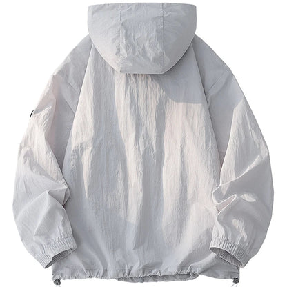 UPF50+ Men's Hooded Sunscreen Jacket Summer Ultra Thin Zipper Pocket Windbreaker Elastic Cuffs Outdoor Hiking Fishing Skin Coats