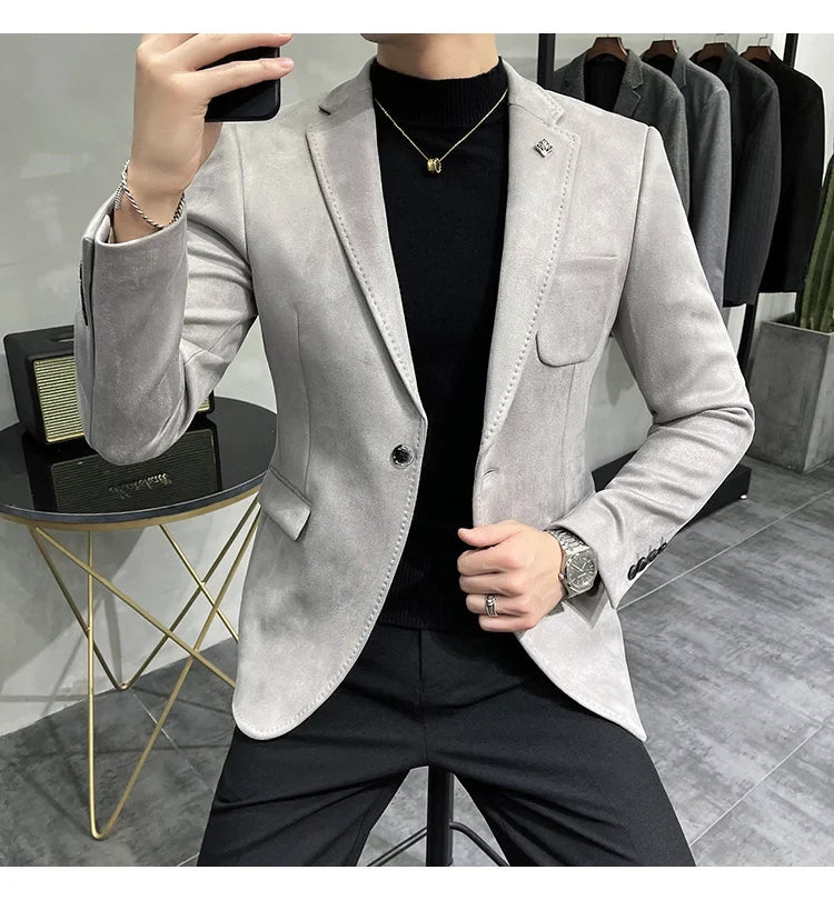 Deerskin Leather Jacket Blazer Men Casual Slim Fit Blazer Hombre Suit Leather Jacket Men Terno Masculino Men Clothing 6 Color