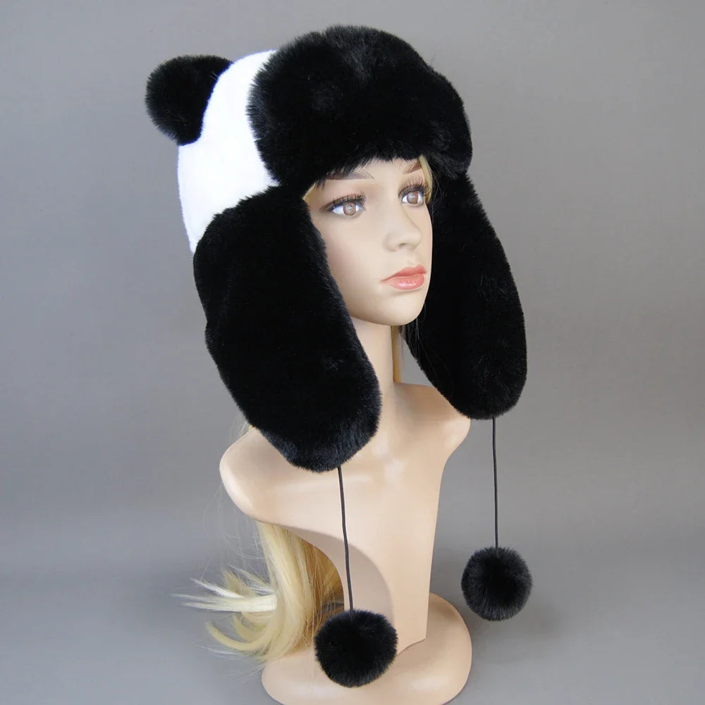 Hot Sale New Women False Rex  Rabbit False Fur Hat Winter Warm Fur Hat Black and White Panda Cute Color Artificial Hat
