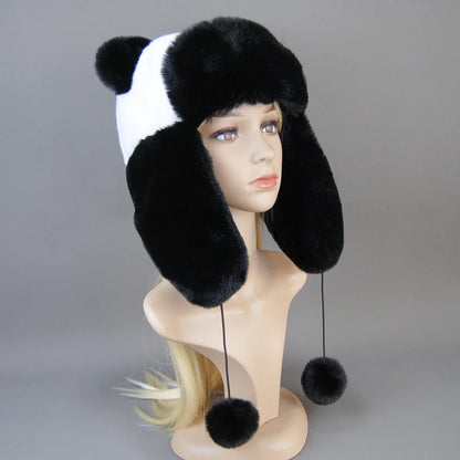 Hot Sale New Women False Rex  Rabbit False Fur Hat Winter Warm Fur Hat Black and White Panda Cute Color Artificial Hat